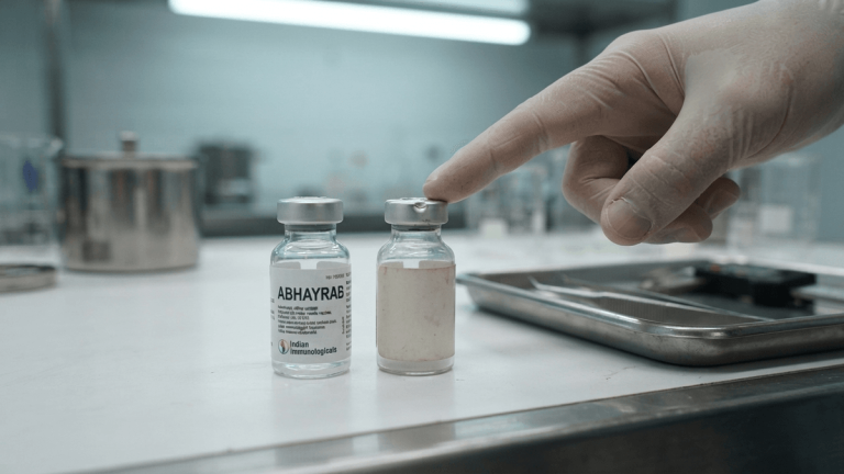 A close-up of two vaccine vials on a lab bench, one labeled ABHAYRAB, with a gloved finger highlighting a cap defect.