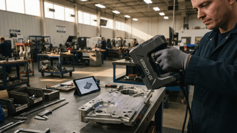 A hand holds an integrated 3D scanner over a machined metal part in a factory.
