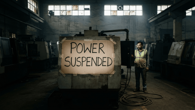 A hand-lettered sign reading "POWER SUSPENDED" on a machine in a dark, idle factory in Punjab.