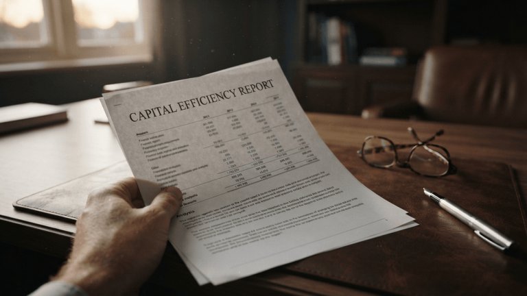 A close-up of a report titled 'CAPITAL EFFICIENCY REPORT' on a desk with glasses and a pen.