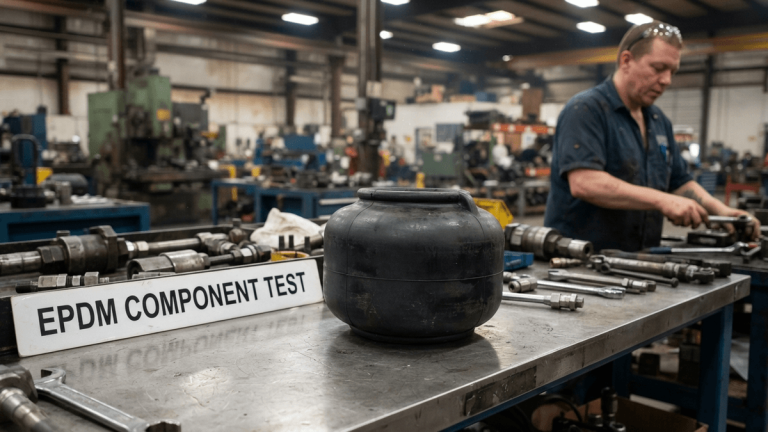 A black EPDM rubber accumulator bladder rests on a metal workbench in a factory, with tools blurred in the background.