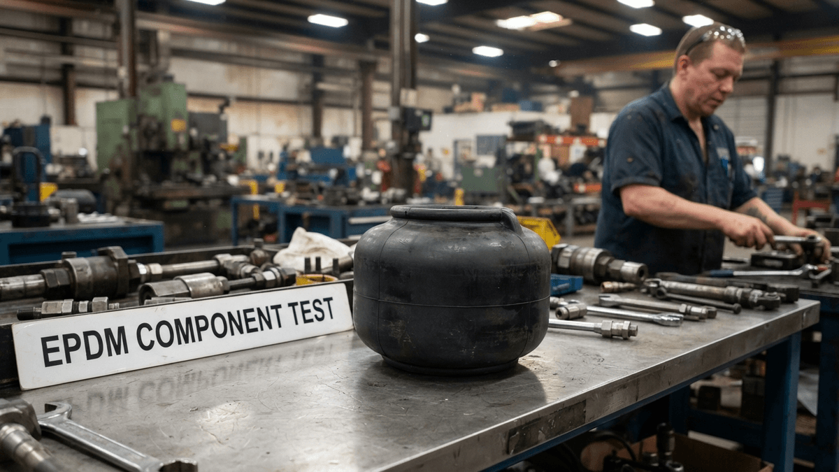 A black EPDM rubber accumulator bladder rests on a metal workbench in a factory, with tools blurred in the background.