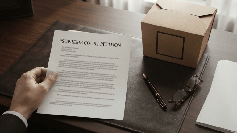 A legal document titled Supreme Court Petition rests on a desk next to an unbranded food package with a warning label box.