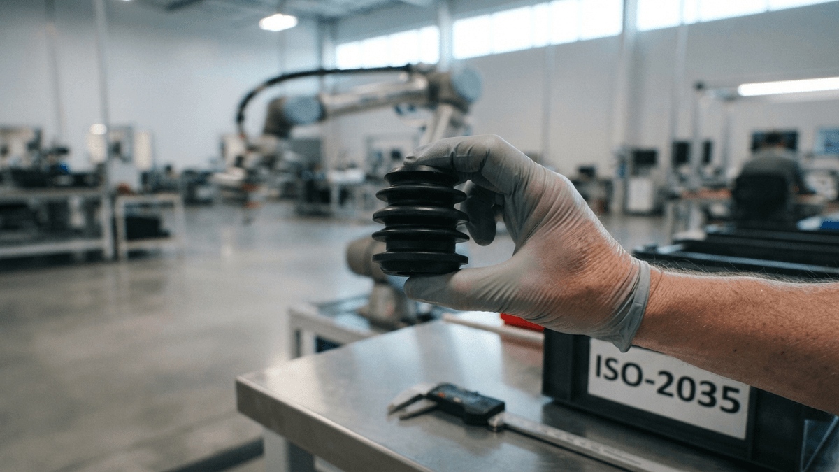 Close-up of a hand holding a black elastomer isolation bushing in a modern industrial manufacturing facility.