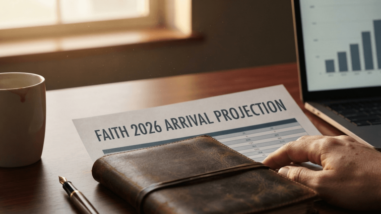 A printed report titled "FAITH 2026 ARRIVAL PROJECTION" sits on a desk, partially covered by a notebook.