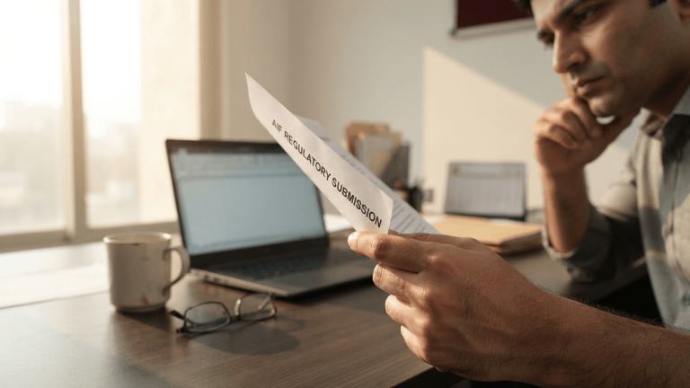 A close-up of a hand holding a document titled "AIF REGULATORY SUBMISSION" in a sunlit office.
