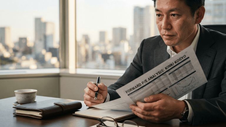 A close-up of an analyst's desk with a report titled 'FORWARD P/E ANALYSIS: KINKI KOGYO' partially visible.