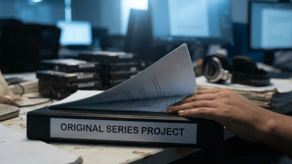 A close-up of a production folder labeled 'ORIGINAL SERIES PROJECT' on a desk in a media office.