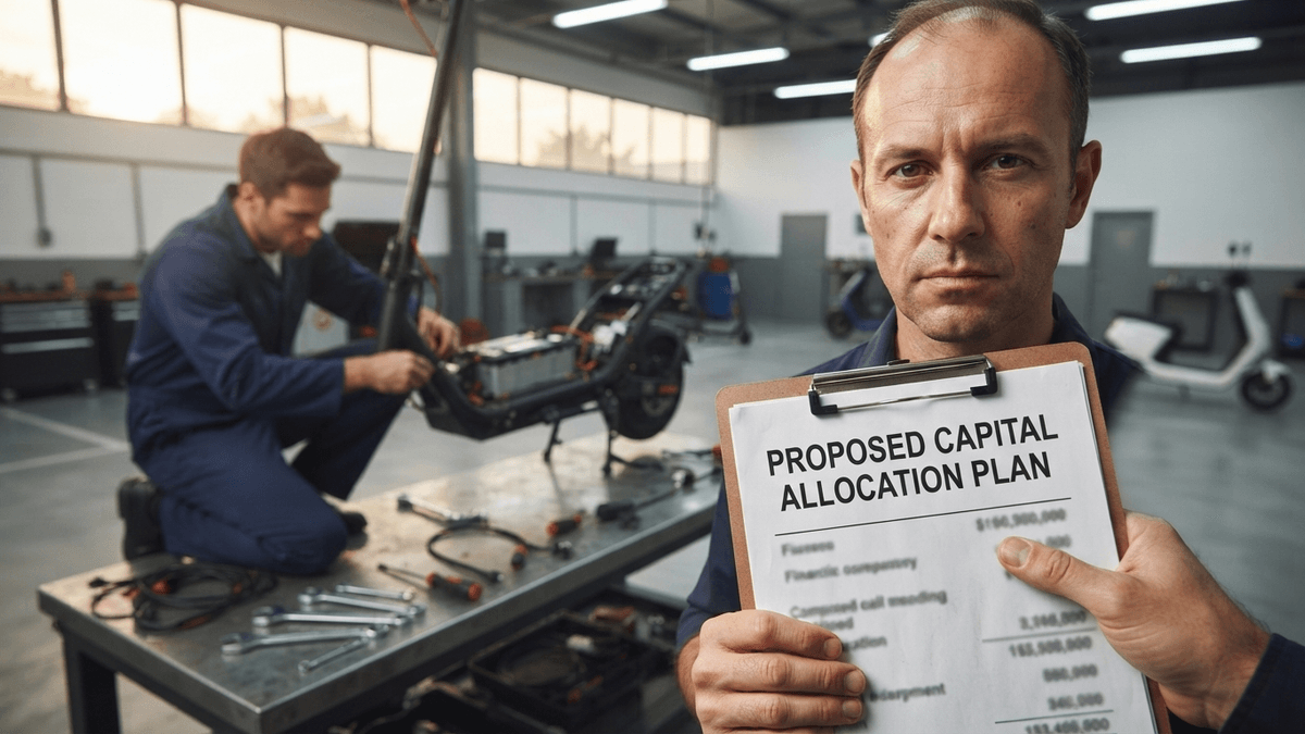 A manager holds a document titled 'PROPOSED CAPITAL ALLOCATION PLAN' in an electric vehicle workshop.