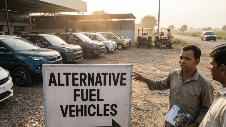 A rural car lot in India features a sign reading "ALTERNATIVE FUEL VEHICLES" with modern cars and tractors in the background.