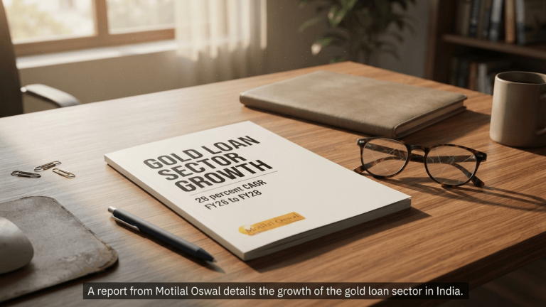 A close-up of a financial report on a wooden desk with a pair of glasses, focusing on the title.
