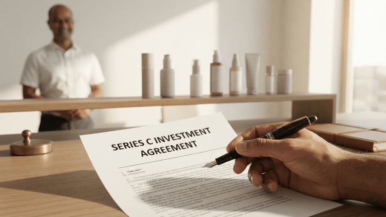 A close-up of a Series C investment agreement on a wooden desk, partially covered by a hand with a pen.