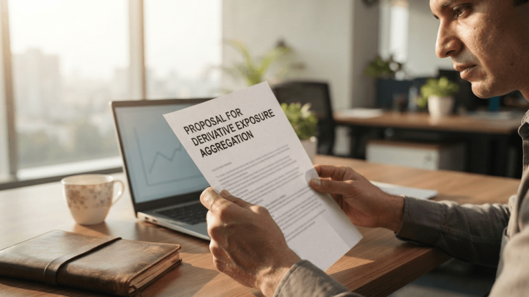 A person's hands hold a document titled "PROPOSAL FOR DERIVATIVE EXPOSURE AGGREGATION" at a desk with a laptop.