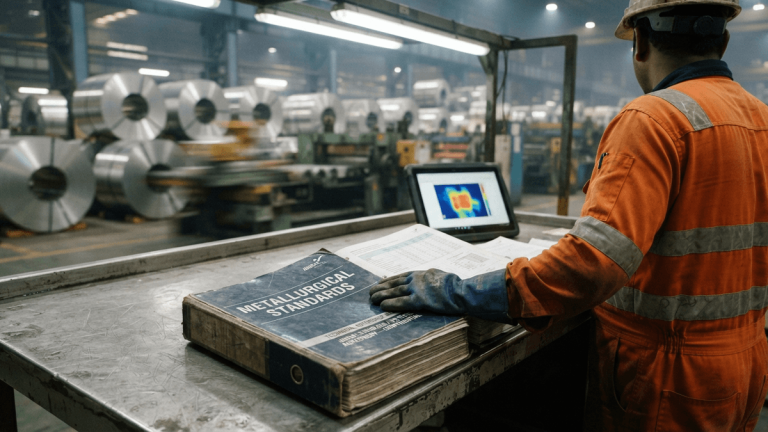 A technical binder titled METALLURGICAL STANDARDS sits on a metal inspection table in a stainless steel rolling mill.