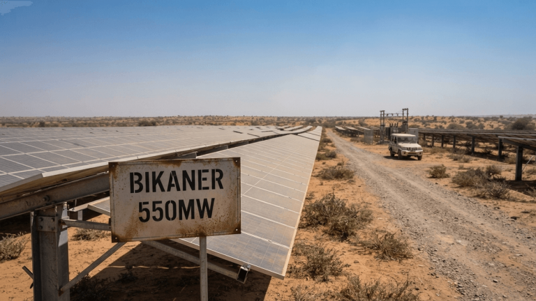 A wide view of a vast solar farm in Bikaner with a maintenance sign reading "BIKANER 550MW" in the foreground.