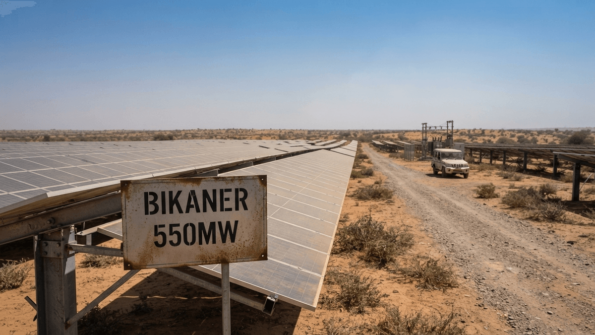 A wide view of a vast solar farm in Bikaner with a maintenance sign reading "BIKANER 550MW" in the foreground.
