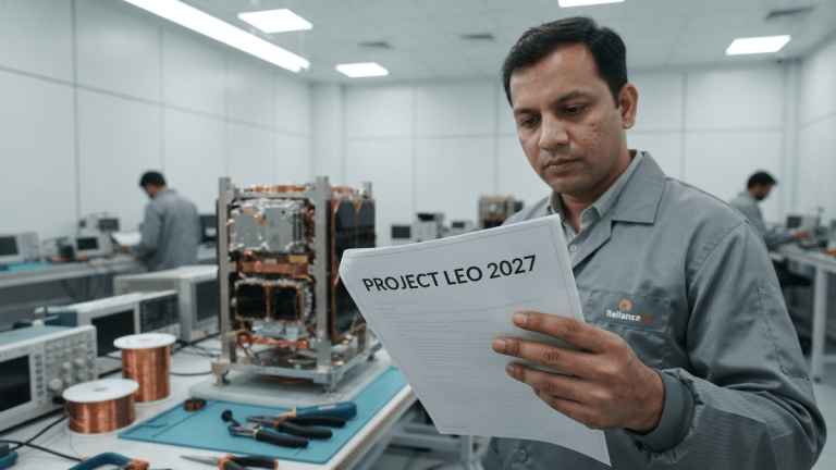 A close-up of a hand holding a document titled PROJECT LEO 2027 in a satellite integration lab.