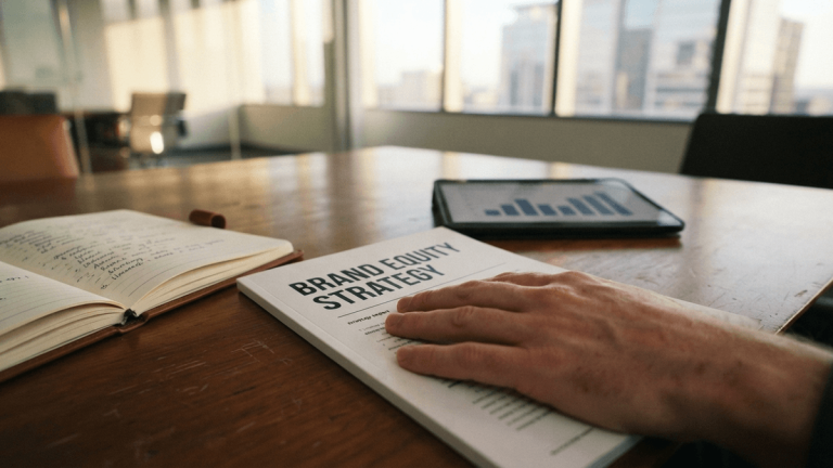 A printed document titled "BRAND EQUITY STRATEGY" on a wooden table next to a notebook.