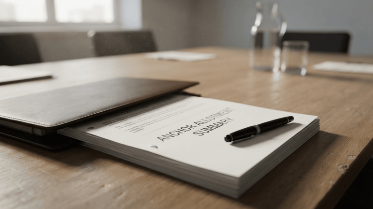 A legal document titled 'ANCHOR ALLOTMENT SUMMARY' sits on a wooden desk with a fountain pen.