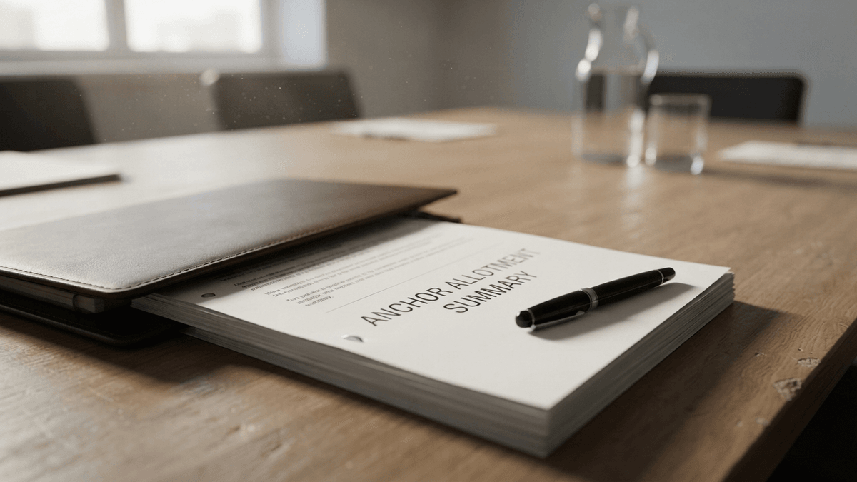 A legal document titled 'ANCHOR ALLOTMENT SUMMARY' sits on a wooden desk with a fountain pen.