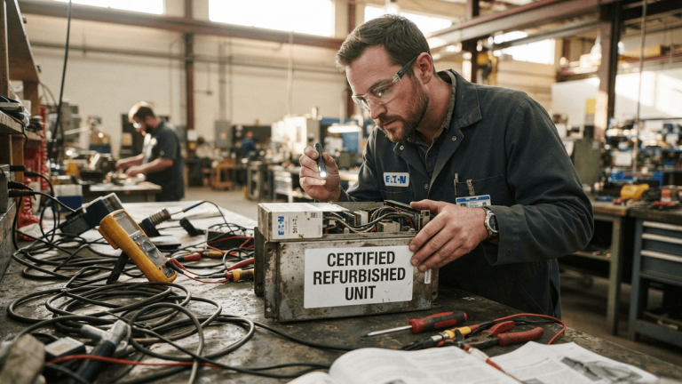 A refurbished industrial soft starter sits on a workbench with a label reading 'CERTIFIED REFURBISHED UNIT'.