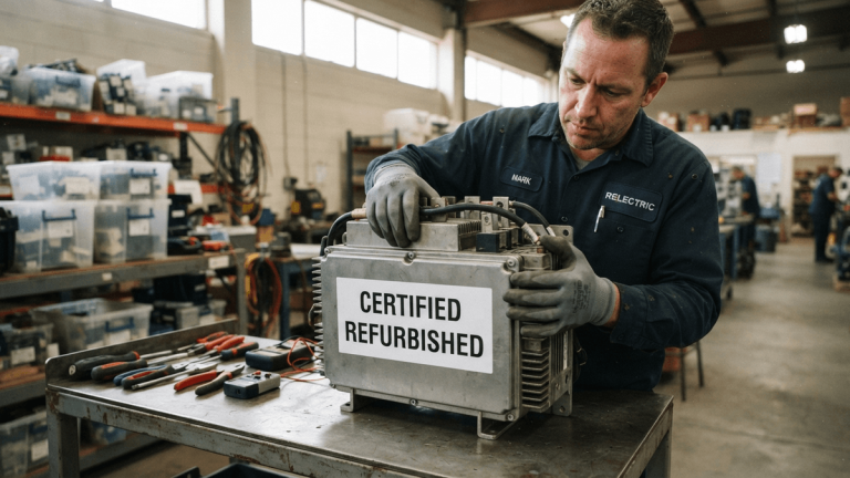 Close-up of a technician's hands holding a refurbished industrial soft starter unit with a certification label.