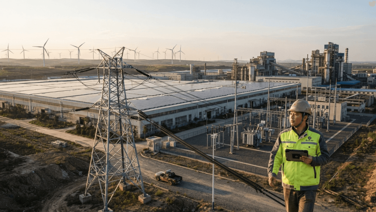A wide shot shows solar panels and a wind turbine connected by power lines to a large industrial factory.