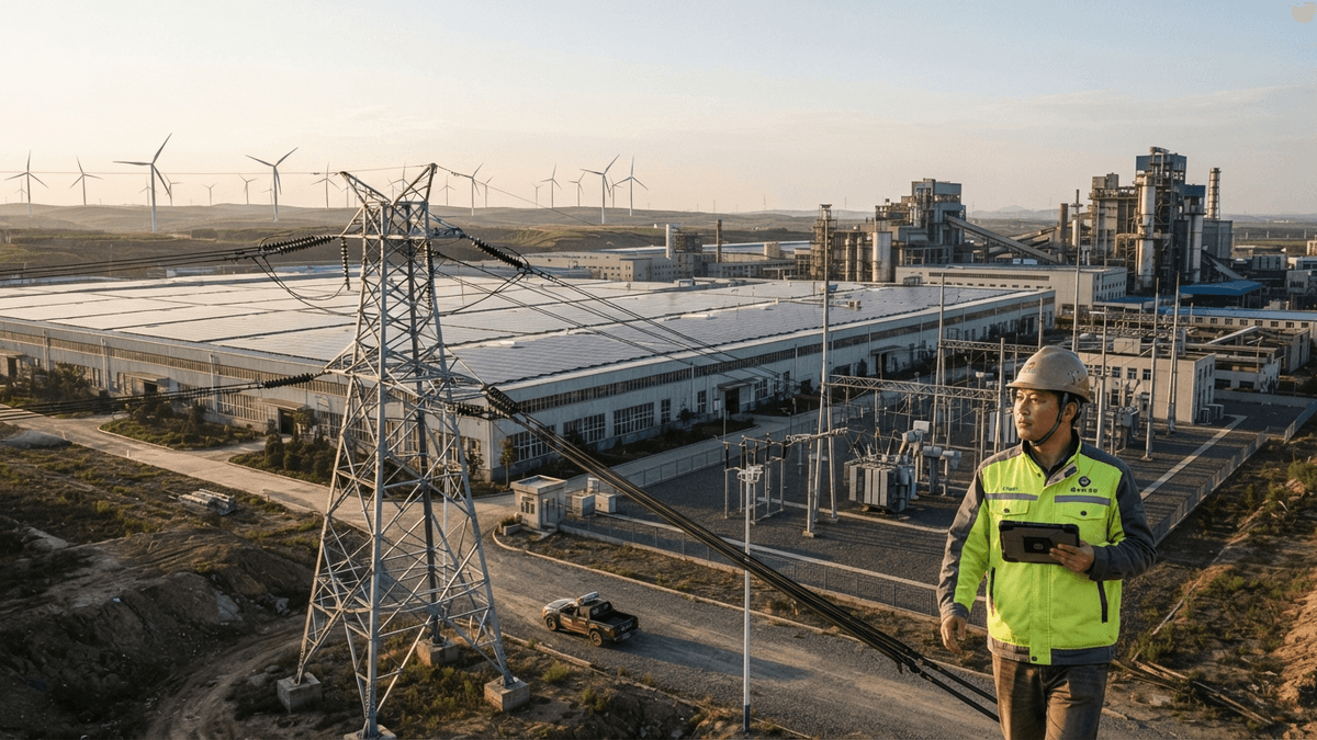 A wide shot shows solar panels and a wind turbine connected by power lines to a large industrial factory.
