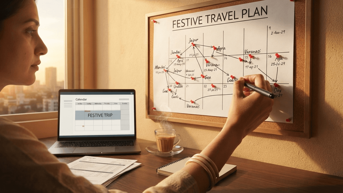 A hand holding a pen over a corkboard with a nine-day travel itinerary in a sunlit office.