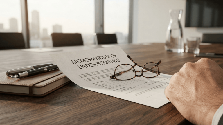 A document titled 'MEMORANDUM OF UNDERSTANDING' rests on a wooden table with pens and glasses in a boardroom.