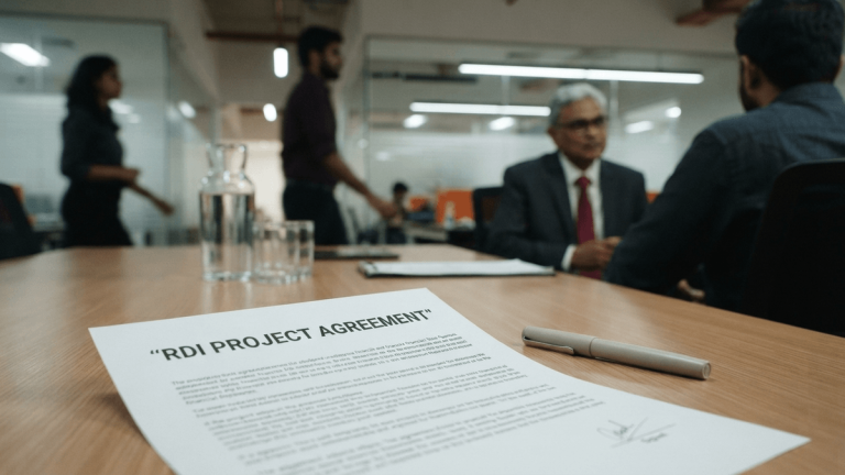 A signed RDI project document sits on a conference table at the QNu Labs office in Bengaluru.