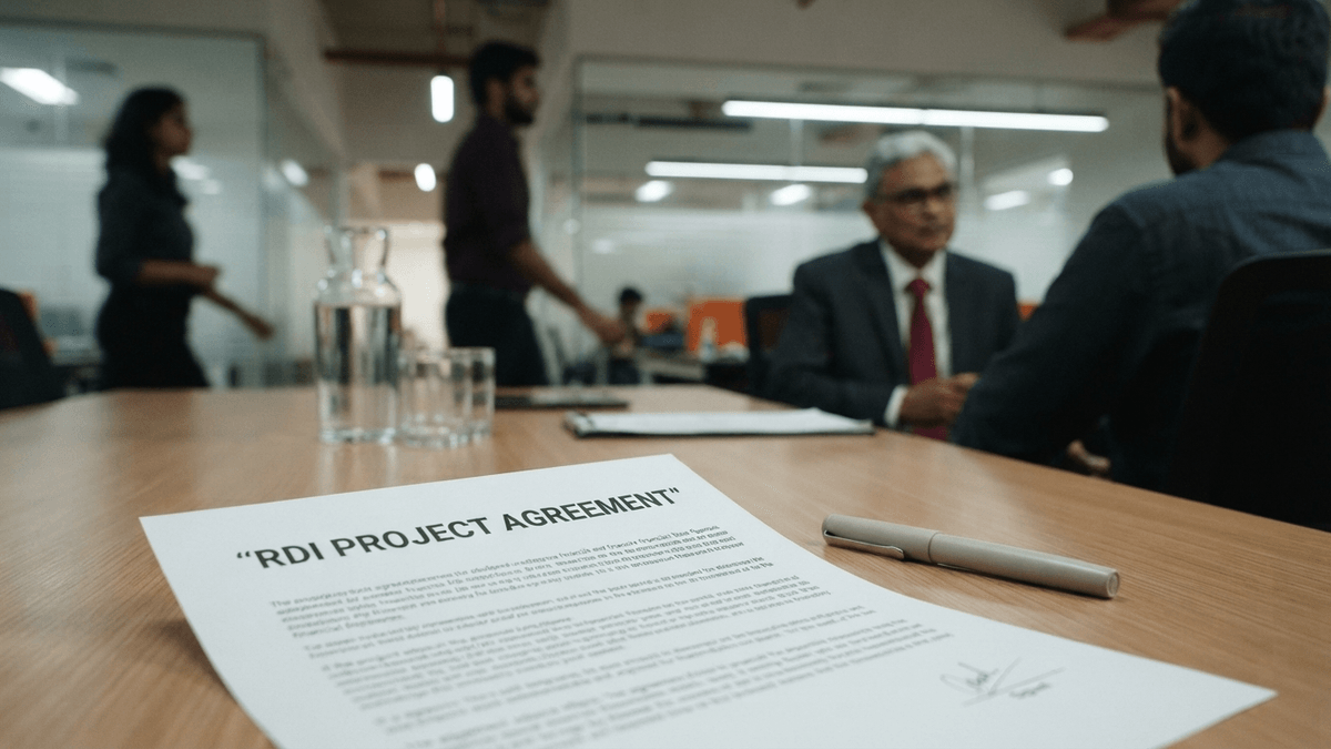 A signed RDI project document sits on a conference table at the QNu Labs office in Bengaluru.