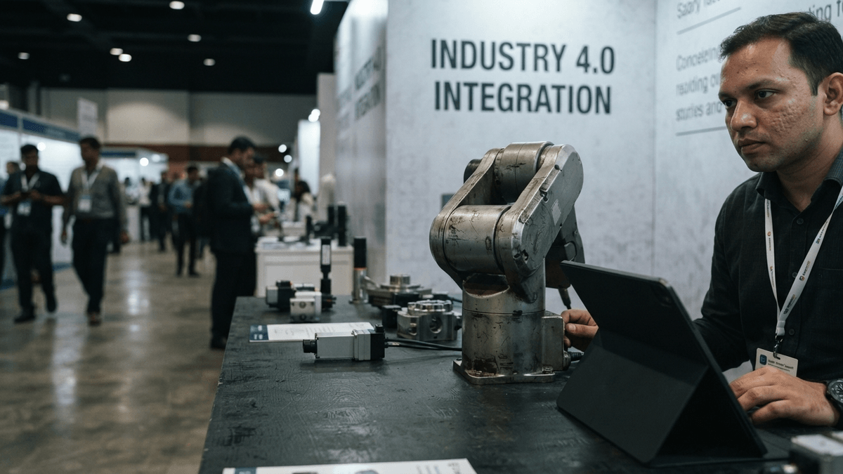 A robotic arm component and a tablet sit on a table at an industrial summit in Chennai.
