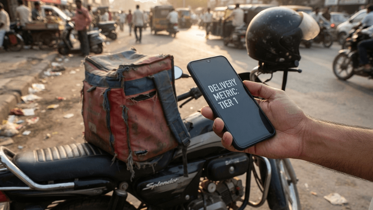 A close-up of a hand holding a smartphone showing a delivery metric dashboard, with a delivery bag on a motorcycle nearby.