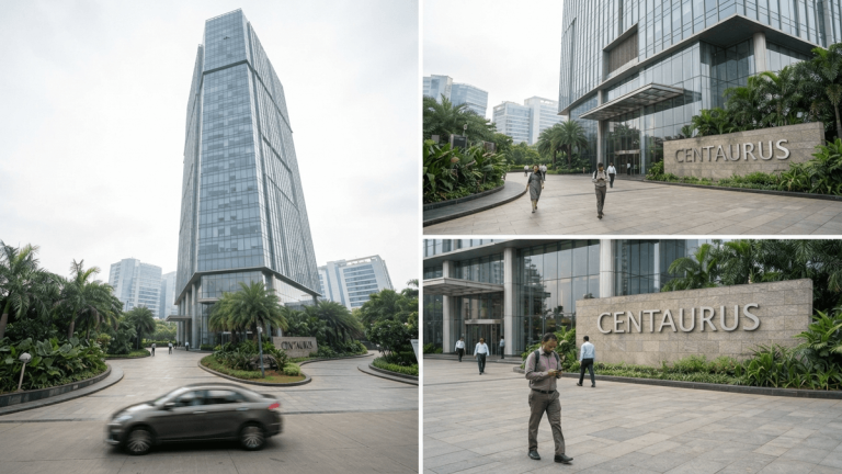 A wide-angle exterior view of the modern, glass-fronted Centaurus office tower in Thane on an overcast day.