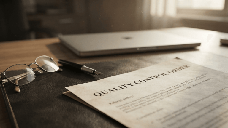A close-up shot of a document titled Quality Control Order resting on a leather desk pad with glasses and a pen.