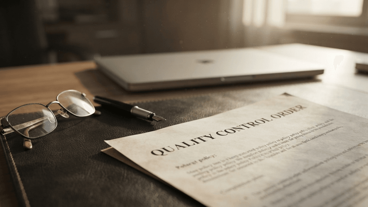 A close-up shot of a document titled Quality Control Order resting on a leather desk pad with glasses and a pen.