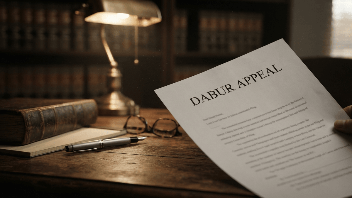 A legal document titled DABUR APPEAL sits on a wooden desk with a fountain pen and glasses nearby.