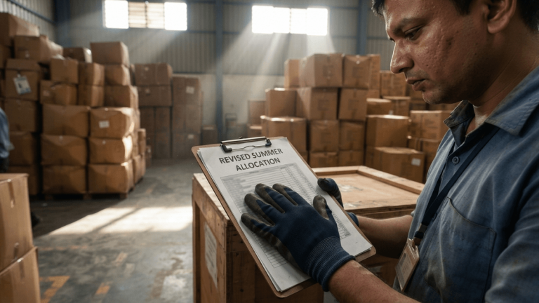 A clipboard with the text 'REVISED SUMMER ALLOCATION' rests on a stack of cardboard boxes in a sunlit warehouse.