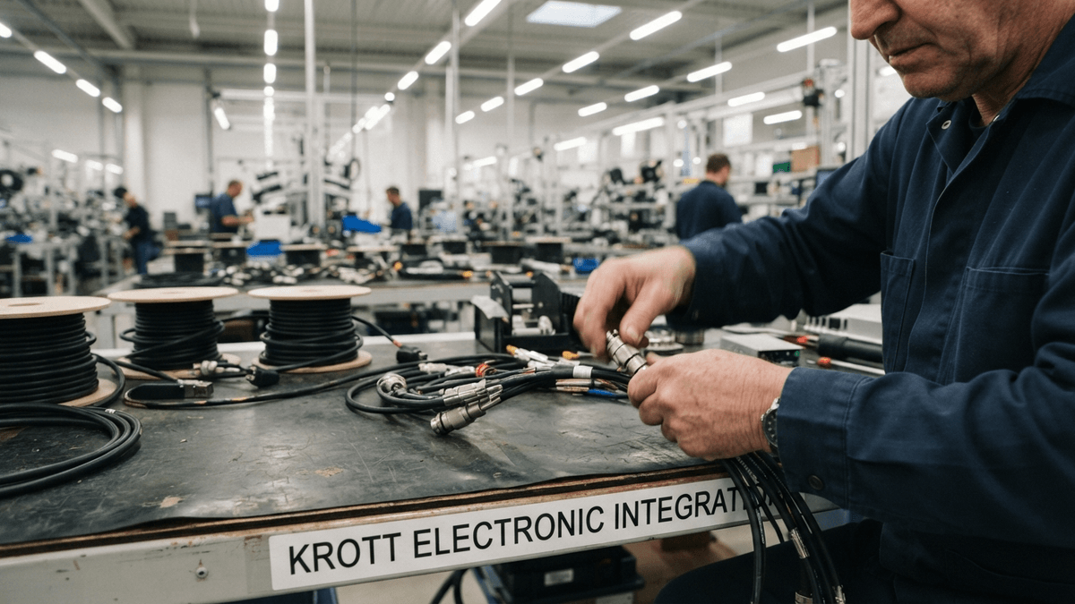 A worker's hands assemble a cable harness at a workstation in an industrial facility.