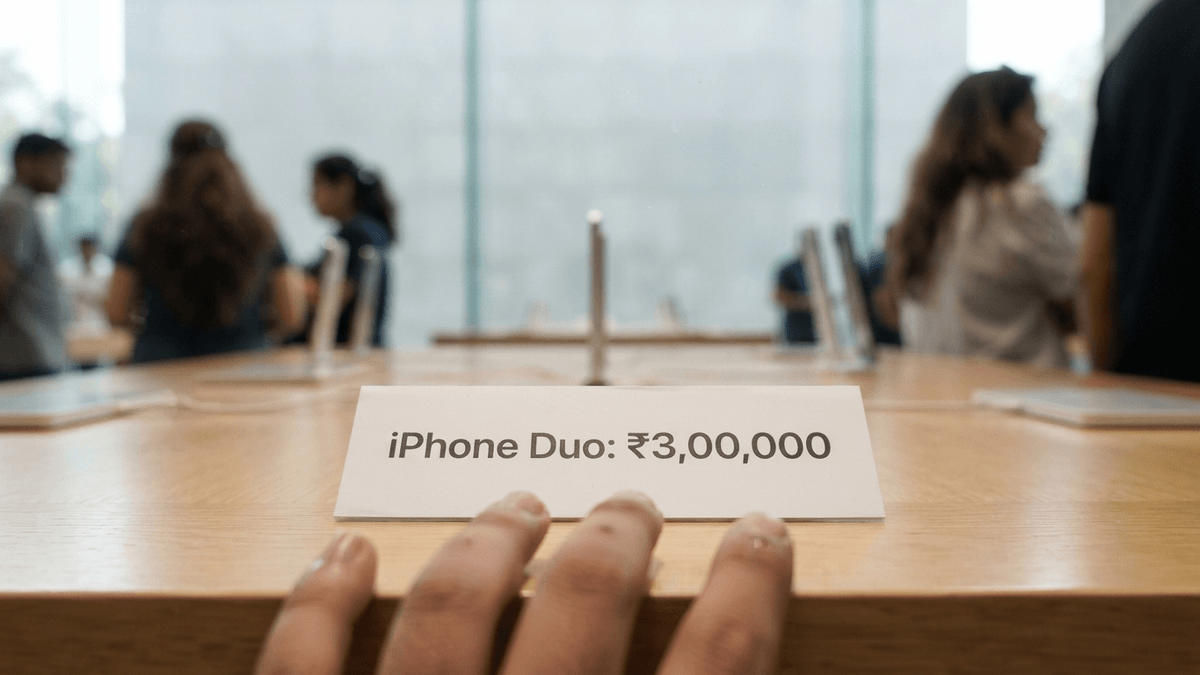 A close-up of a price tag on a wooden table in an Apple store, reading iPhone Duo: ₹3,00,000.