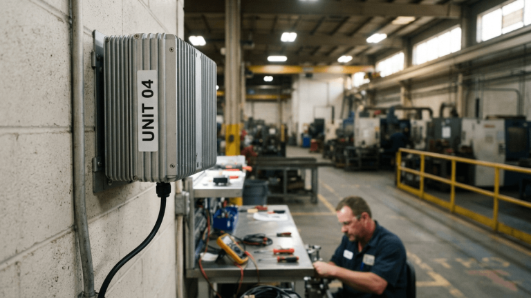 A rugged, metallic, fanless industrial computer with heat-sink fins mounted on a wall in a factory.