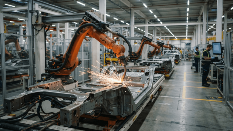An industrial robot arm welding a metal car frame on an assembly line with sparks flying in a factory.