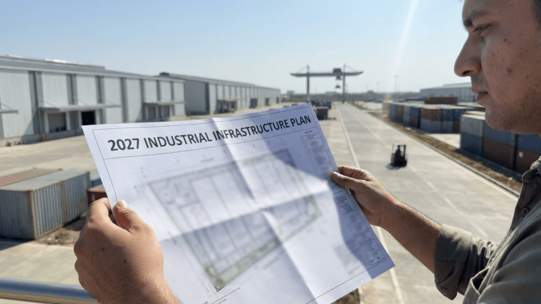 A person holds a site plan for an industrial infrastructure project in a modern industrial park.