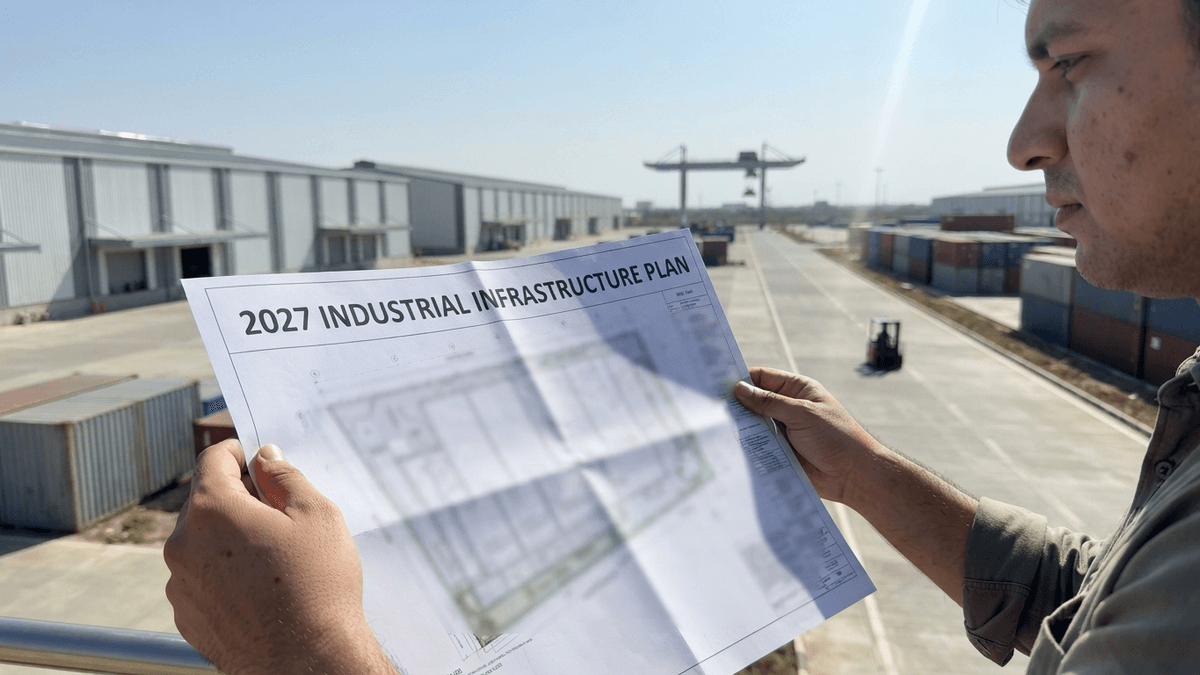 A person holds a site plan for an industrial infrastructure project in a modern industrial park.