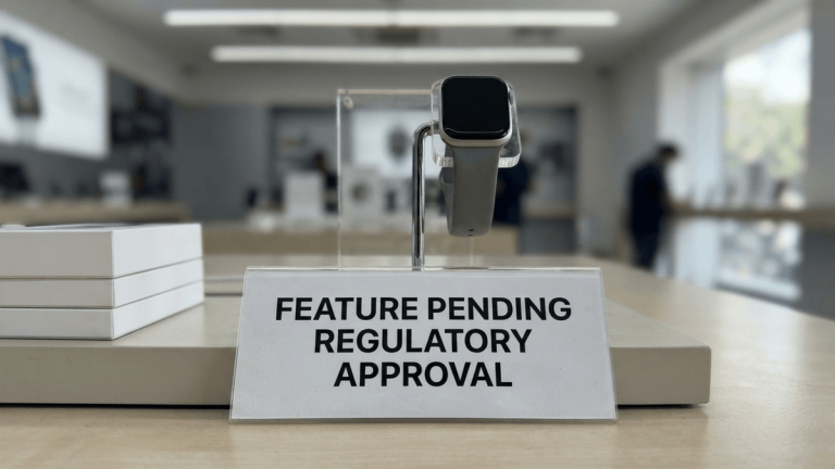 A close-up of a retail display stand for a smartwatch with a sign stating "FEATURE PENDING REGULATORY APPROVAL."