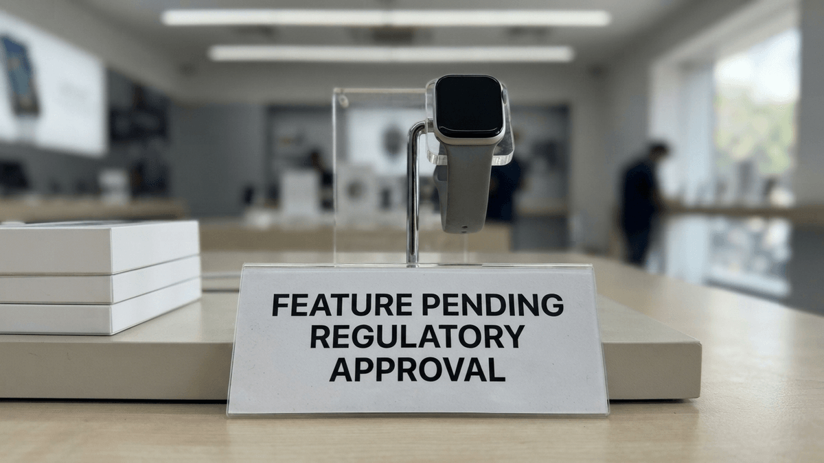 A close-up of a retail display stand for a smartwatch with a sign stating "FEATURE PENDING REGULATORY APPROVAL."