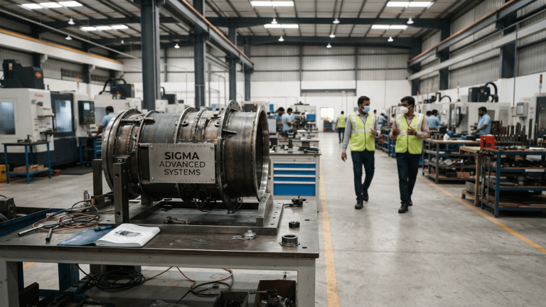 A close-up of an aerospace engine housing component with a metal plaque reading 'SIGMA ADVANCED SYSTEMS' in a factory.