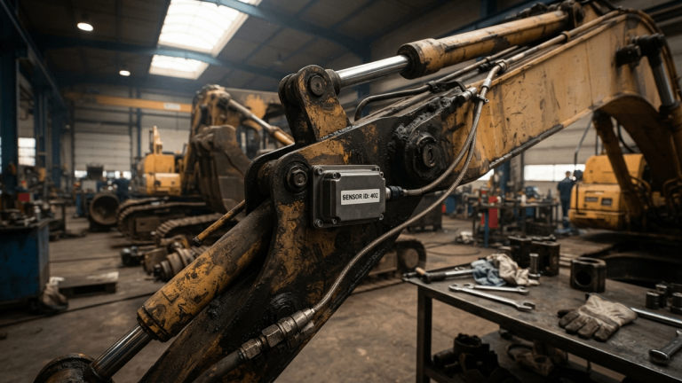 A close-up of a small sensor unit attached to a heavy machinery part in a workshop.