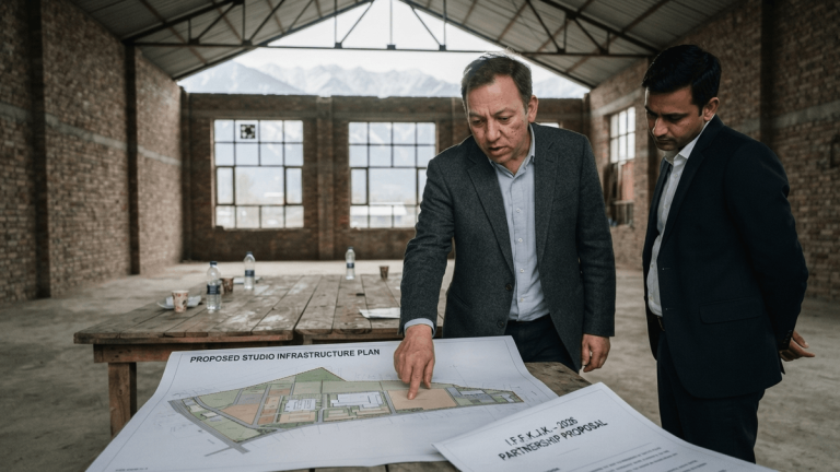 Two people in formal attire look at a large site plan on a table inside an unfinished warehouse space in Srinagar.